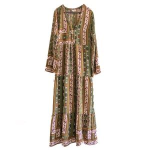 Altar’d State Olive Green (Fall colors) Floral Bell Sleeve Maxi Dress - Prairie